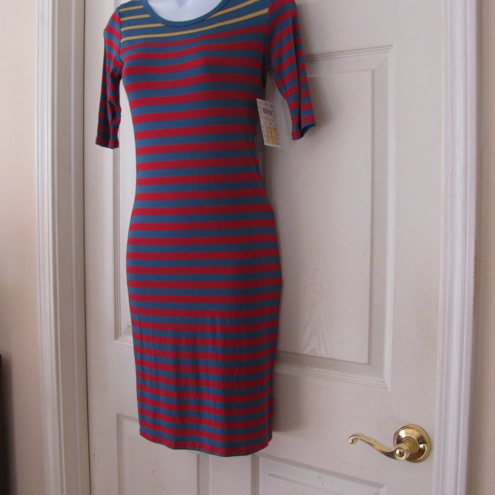 LuLaRoe Julia Dress XXS 2XS NWT $35 Red with Blue Stripes Bodycon - Picture 4 of 4